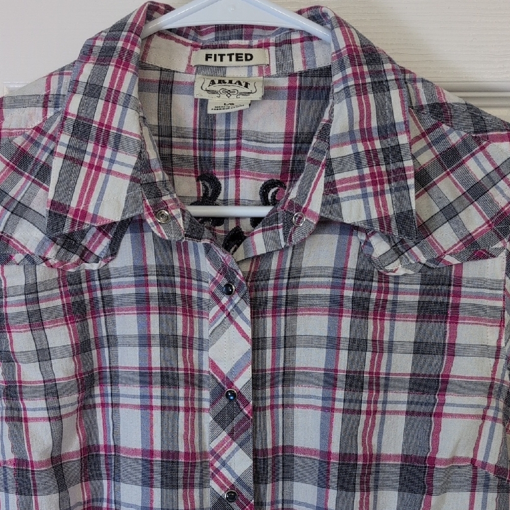 Ariat Women's Plaid Button-Down Shirt - Pink and Gray Embroided Back - Picture 3 of 11